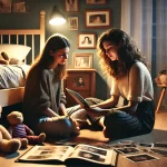 DALL·E 2025 03 23 17.12.40 A wide format emotional scene of two young adult sisters in their bedroom at night sitting on the floor with pillows and blankets surrounded by chil