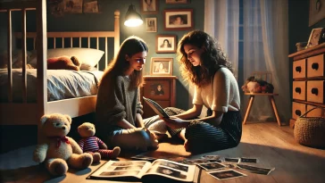 DALL·E 2025 03 23 17.12.40 A wide format emotional scene of two young adult sisters in their bedroom at night sitting on the floor with pillows and blankets surrounded by chil
