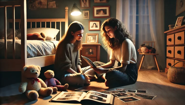 Сестра по крови 4 DALL·E 2025 03 23 17.12.40 A wide format emotional scene of two young adult sisters in their bedroom at night sitting on the floor with pillows and blankets surrounded by chil