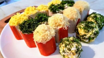 Новогодняя закуска: Праздничные роллы из крабовых палочек