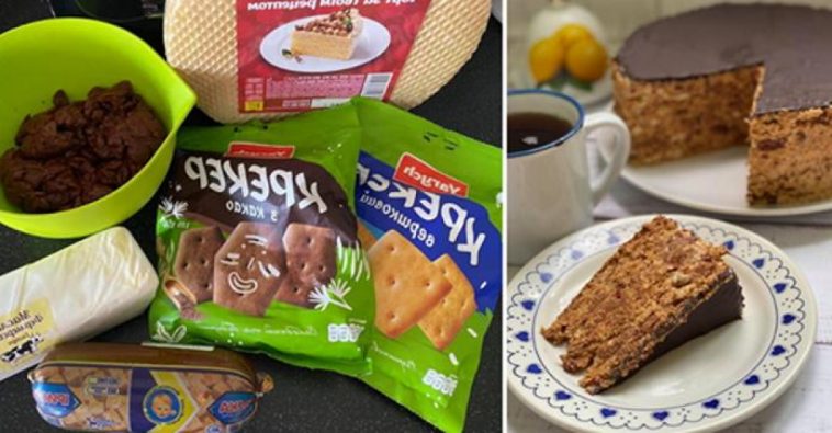 Летний торт без выпечки с вишней и крекером