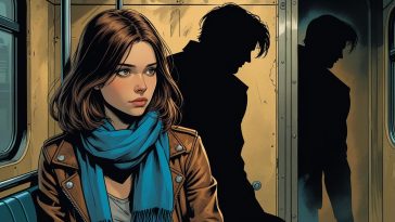 иллюстрацию женщина в метро смотрит как из стены выходит силуэт мужчины