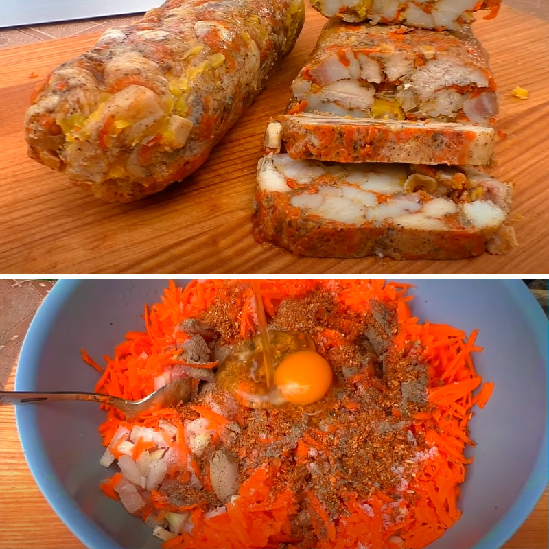 Рулет из сала с курицей и овощами — нежная закуска за копейки