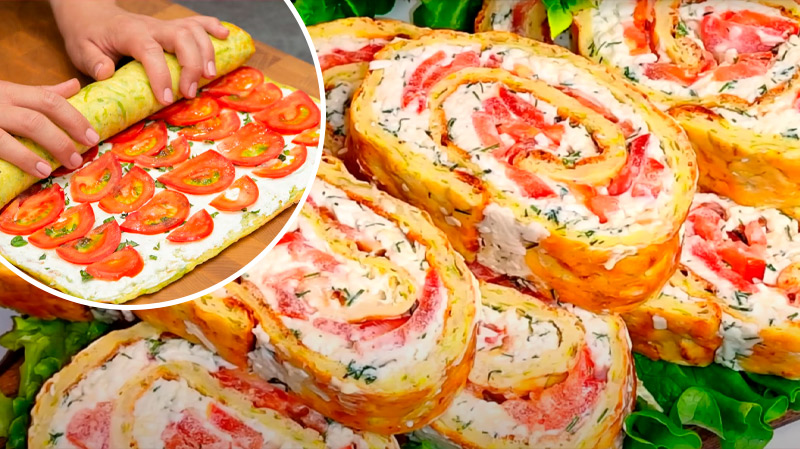 Кабачковый рулет с сырной начинкой и томатами