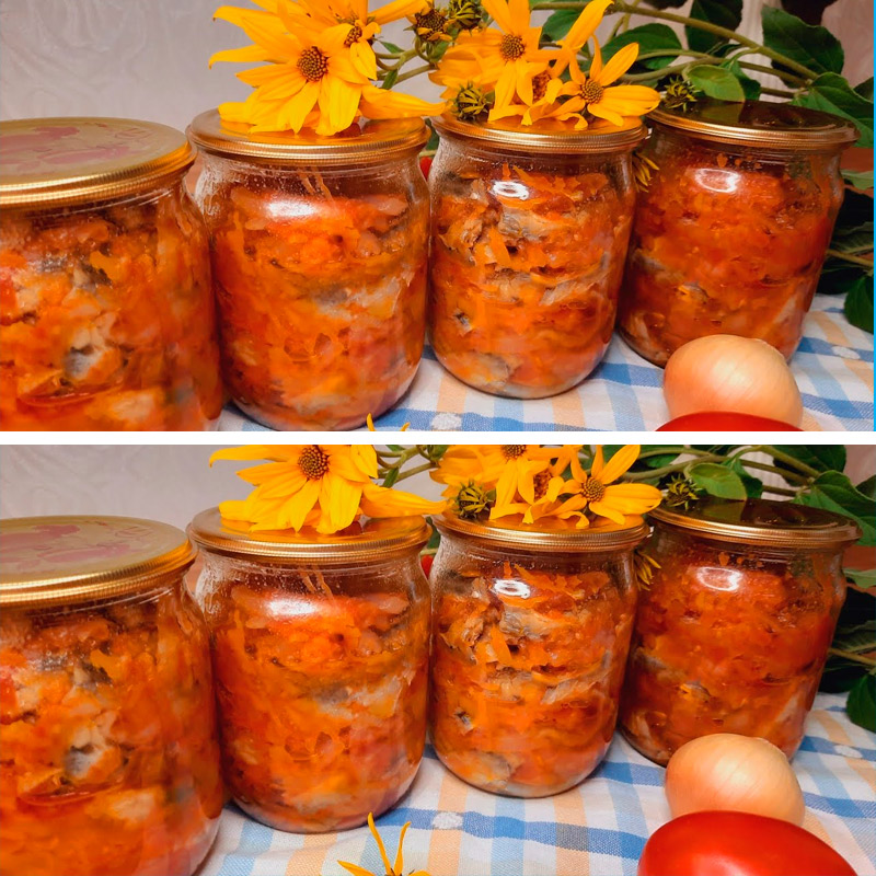 Сытный салат из скумбрии с овощами на зиму