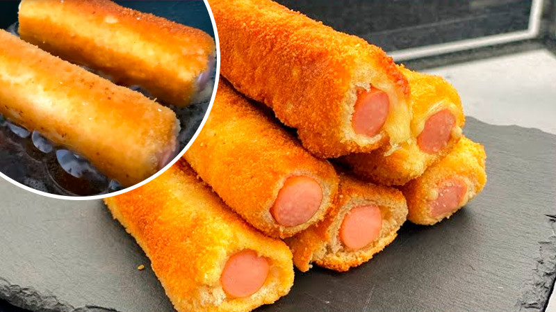 Хрустящие хлебные рулетики с сыром и сосисками Быстрый завтрак за копейки!