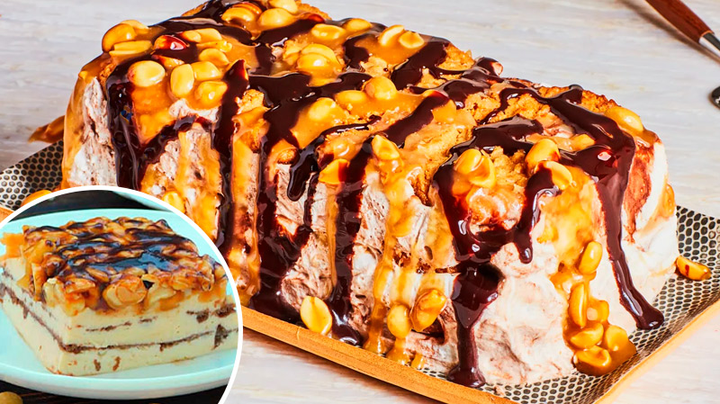 Сметанный торт с карамелью и арахисом без выпечки